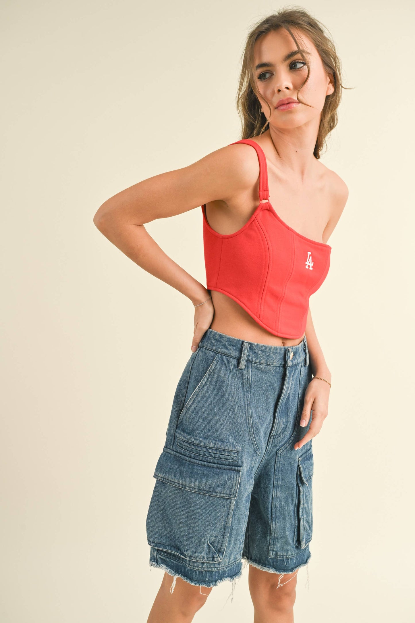 EMBROIDERED "LA" ONE SHOULDER CORSET CROP TOP