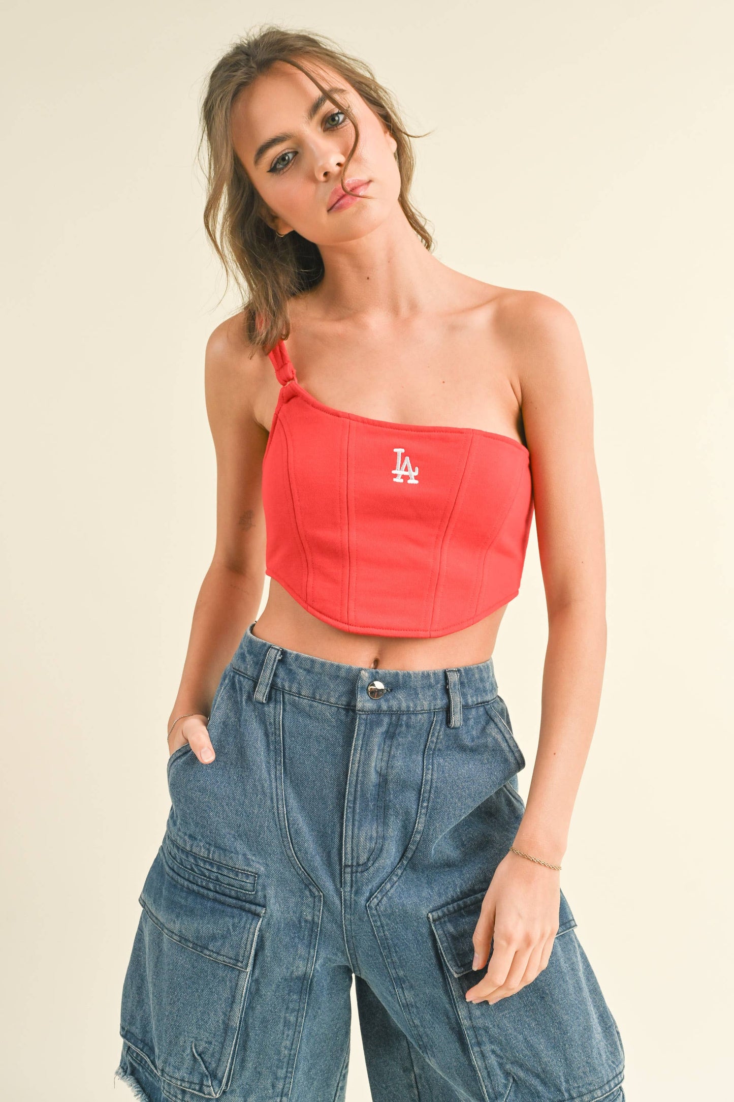 EMBROIDERED "LA" ONE SHOULDER CORSET CROP TOP