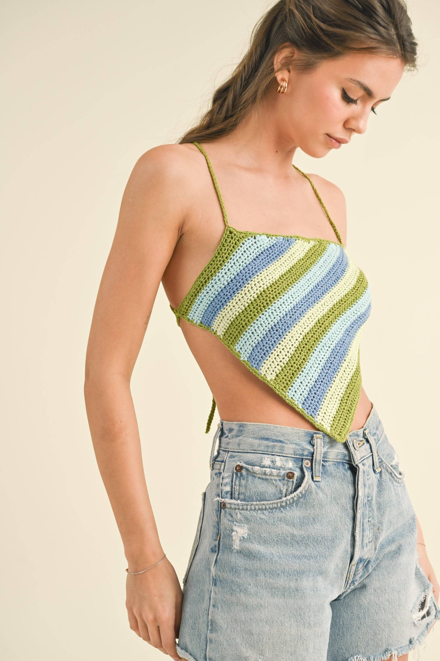 CROSS TIED BACK SPAGHETTI STRAP HANKY CROP TOP