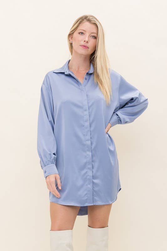 Solid Satin Shirt Dress