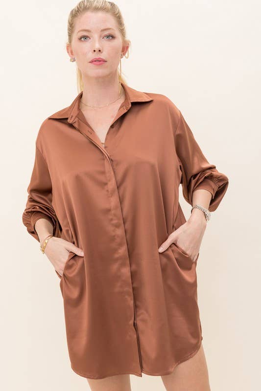 Solid Satin Shirt Dress