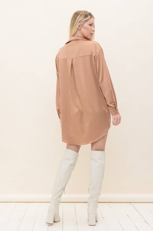 Solid Satin Shirt Dress