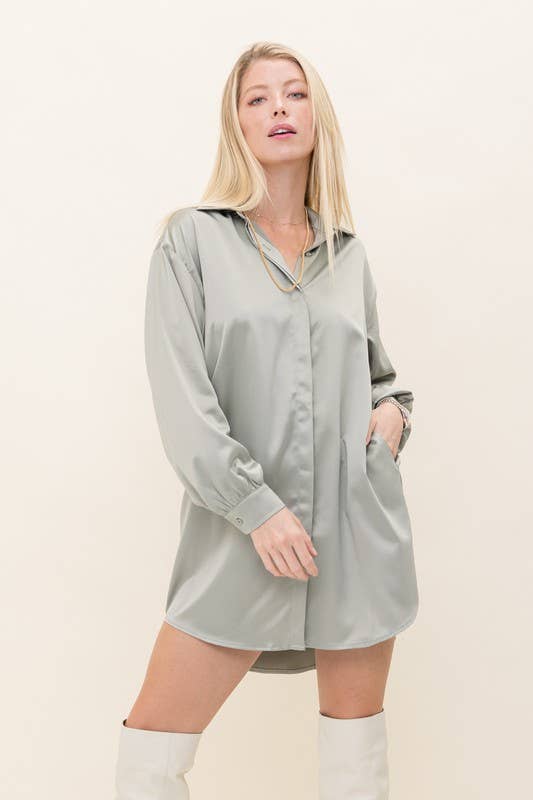 Solid Satin Shirt Dress