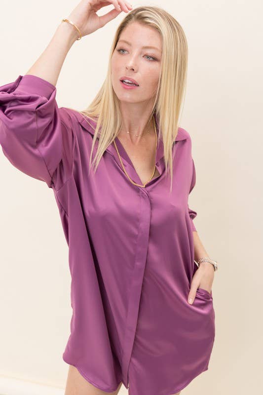 Solid Satin Shirt Dress