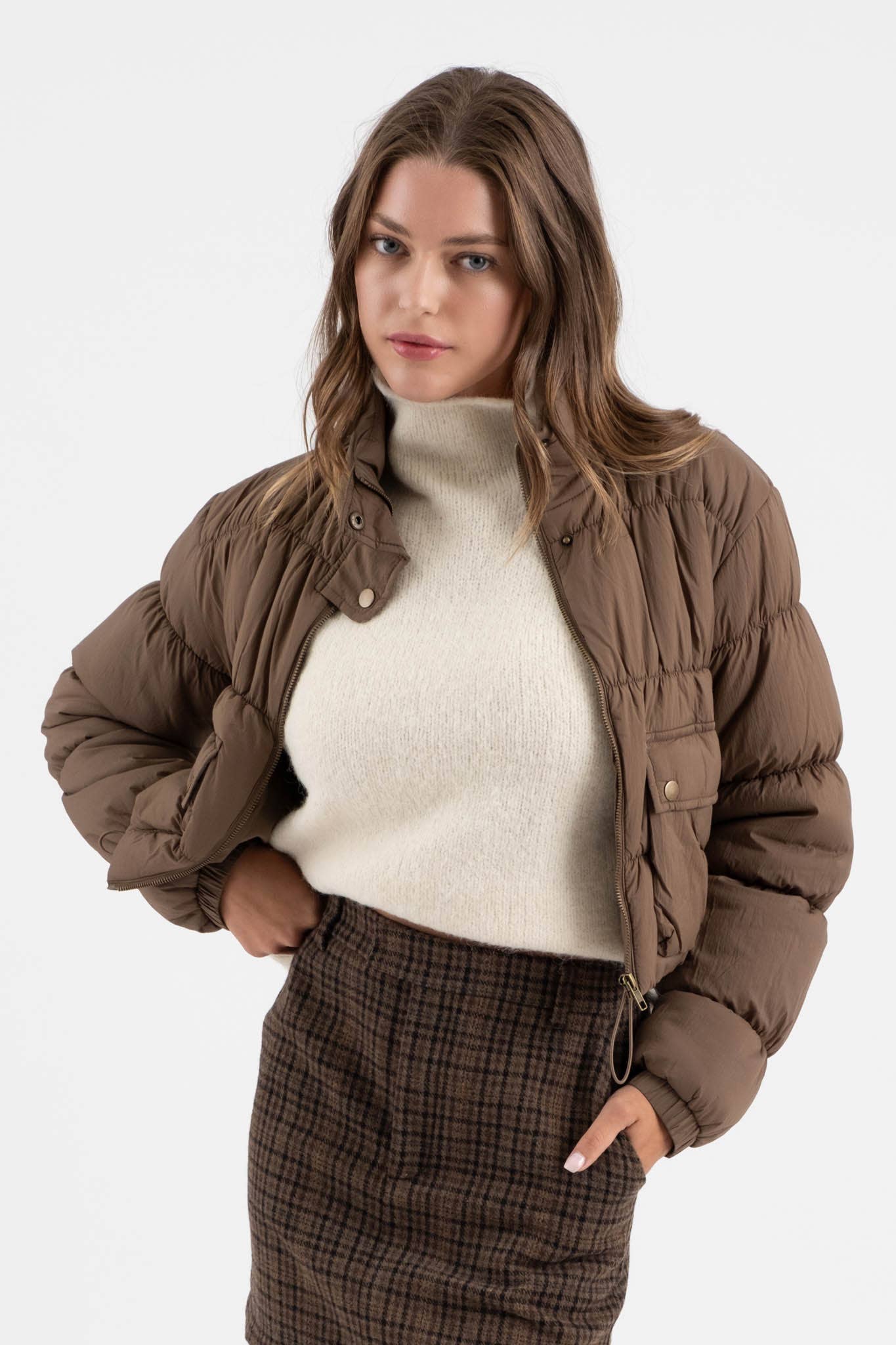 CROPPED ZIP UP CARGO PUFFER JACKET