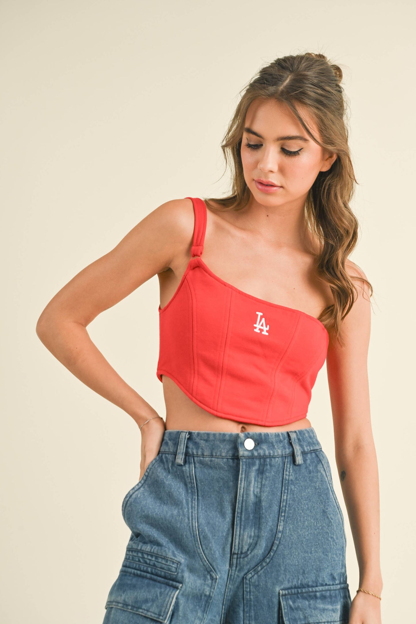 EMBROIDERED "LA" ONE SHOULDER CORSET CROP TOP