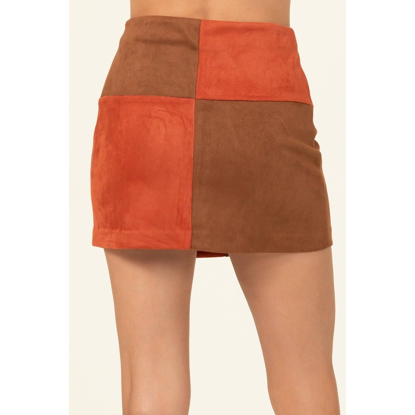 HF22H708-FAUX SUEDE COLOR BLOCK  MINI SKIRT