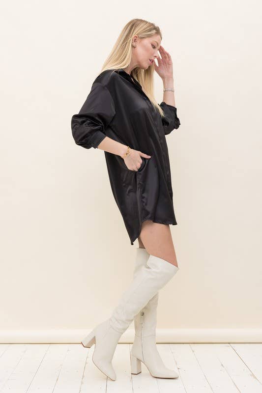 Solid Satin Shirt Dress