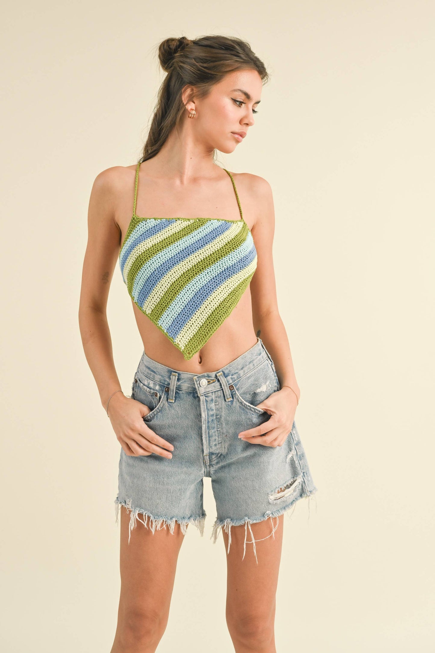 CROSS TIED BACK SPAGHETTI STRAP HANKY CROP TOP