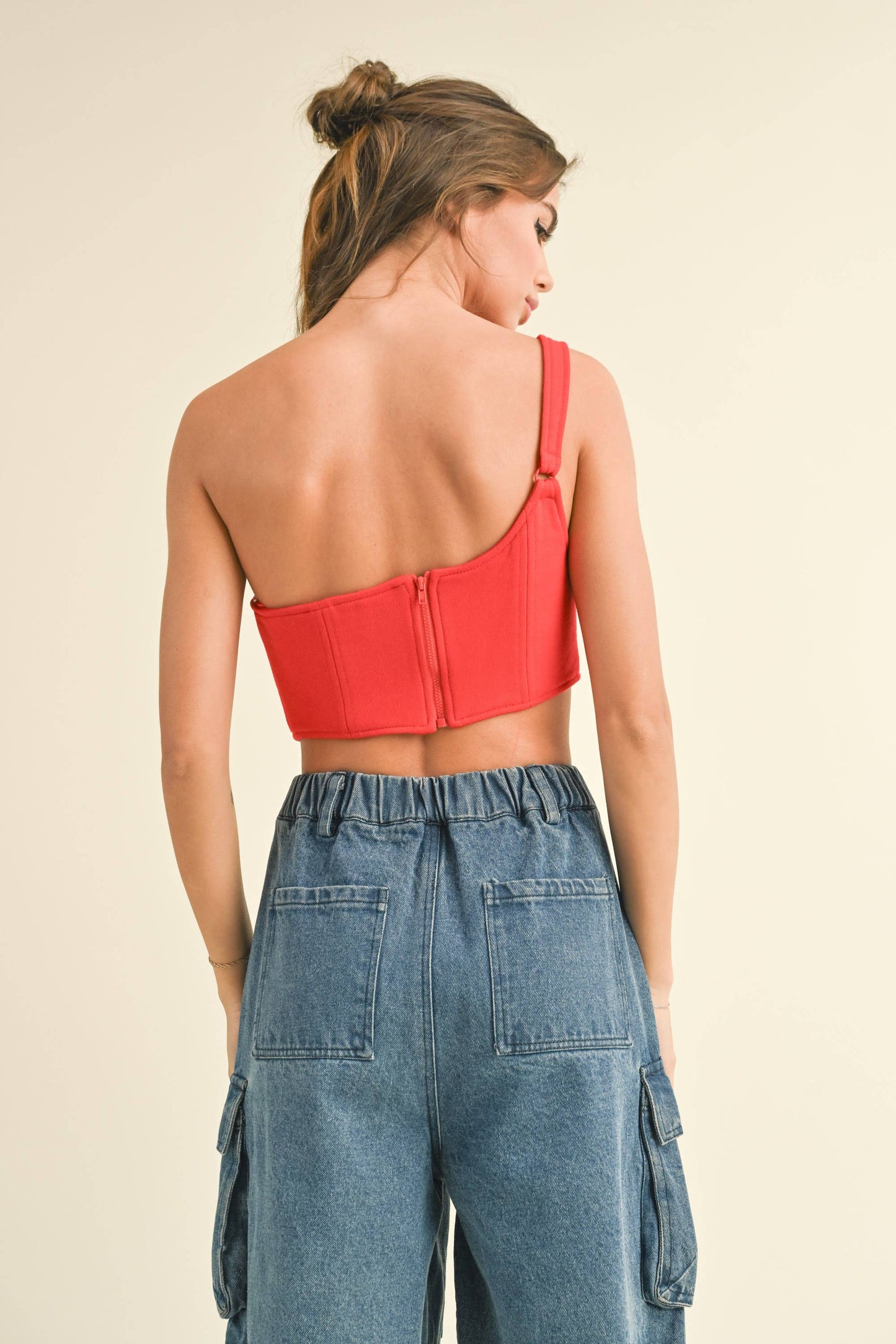 EMBROIDERED "LA" ONE SHOULDER CORSET CROP TOP