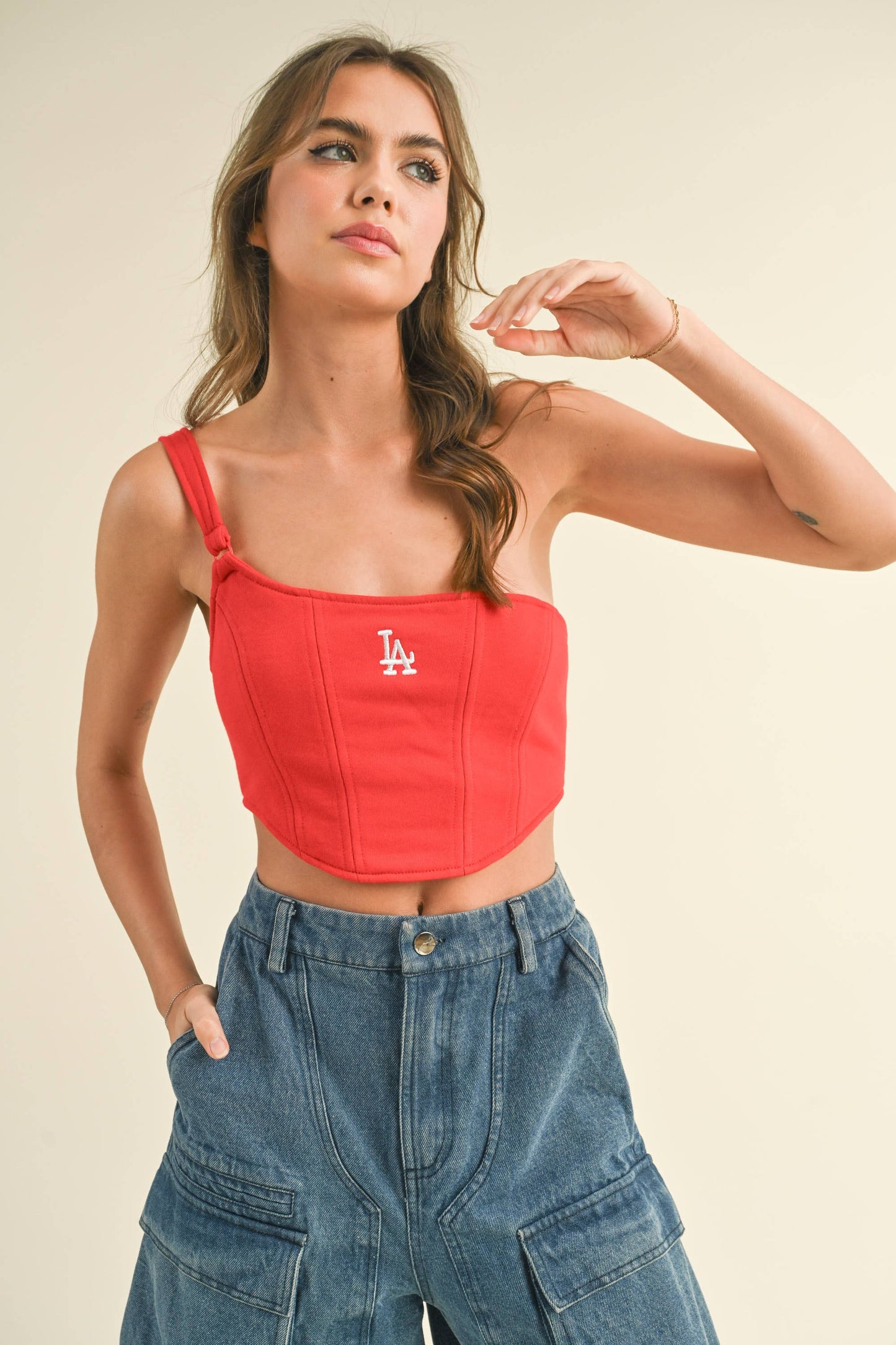 EMBROIDERED "LA" ONE SHOULDER CORSET CROP TOP