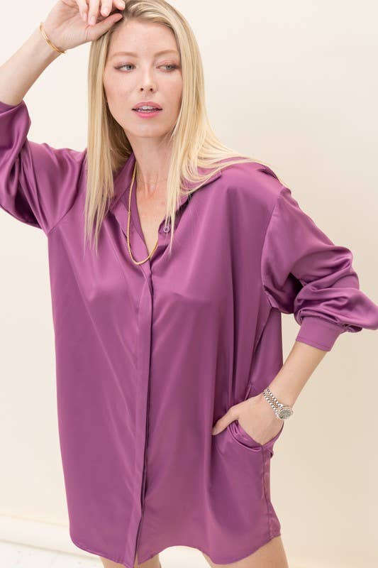 Solid Satin Shirt Dress