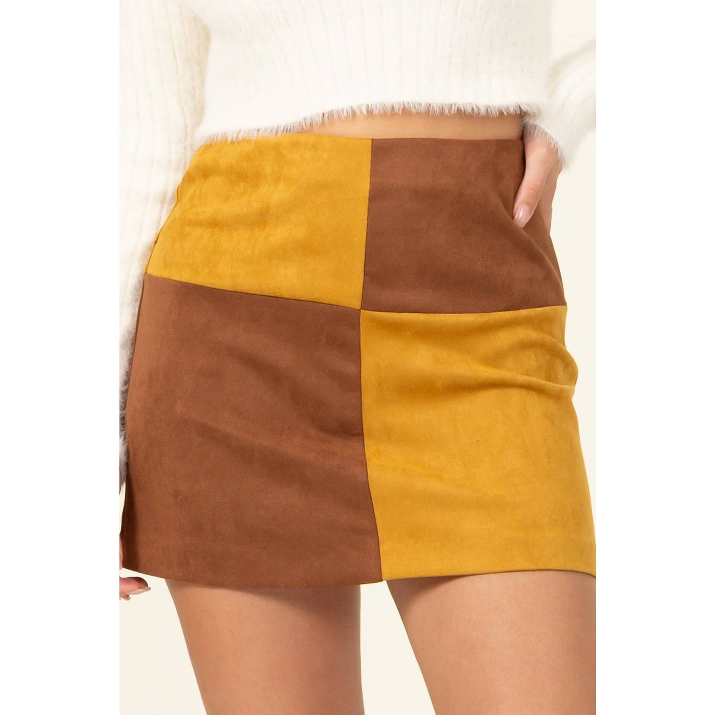 HF22H708-FAUX SUEDE COLOR BLOCK  MINI SKIRT