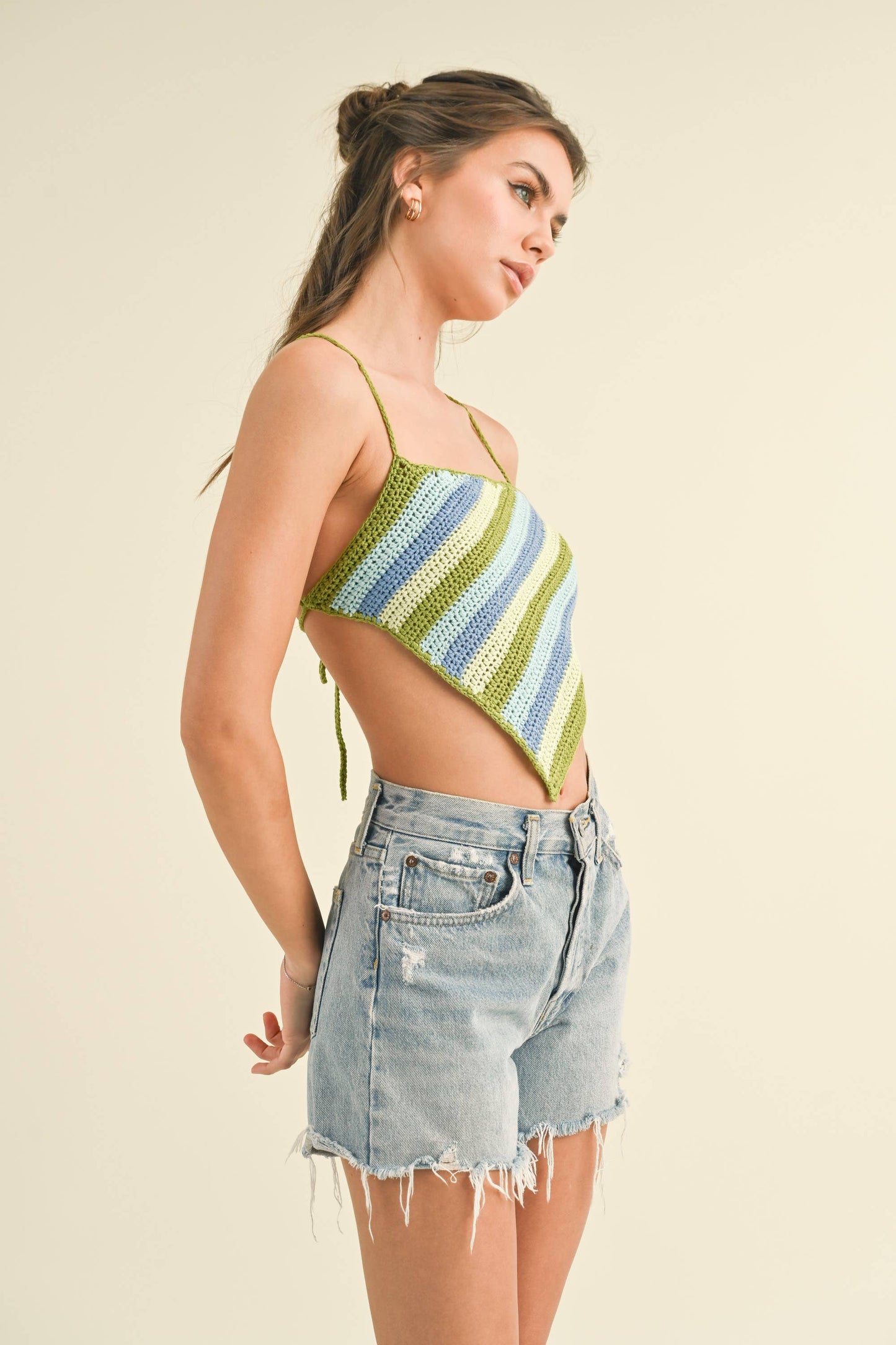 CROSS TIED BACK SPAGHETTI STRAP HANKY CROP TOP