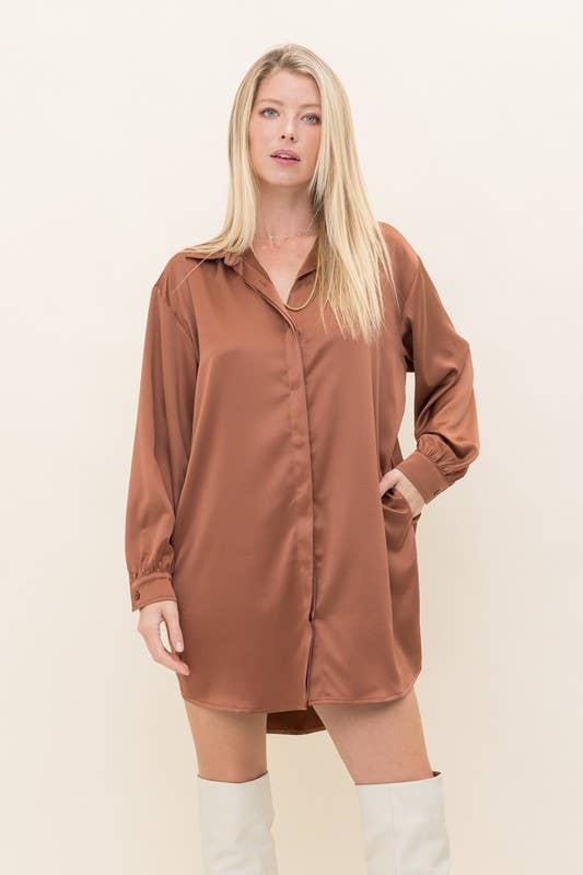 Solid Satin Shirt Dress