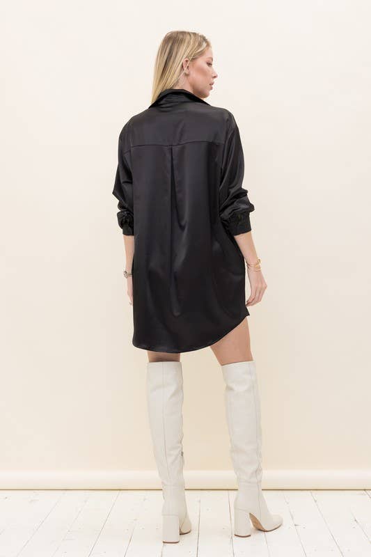 Solid Satin Shirt Dress