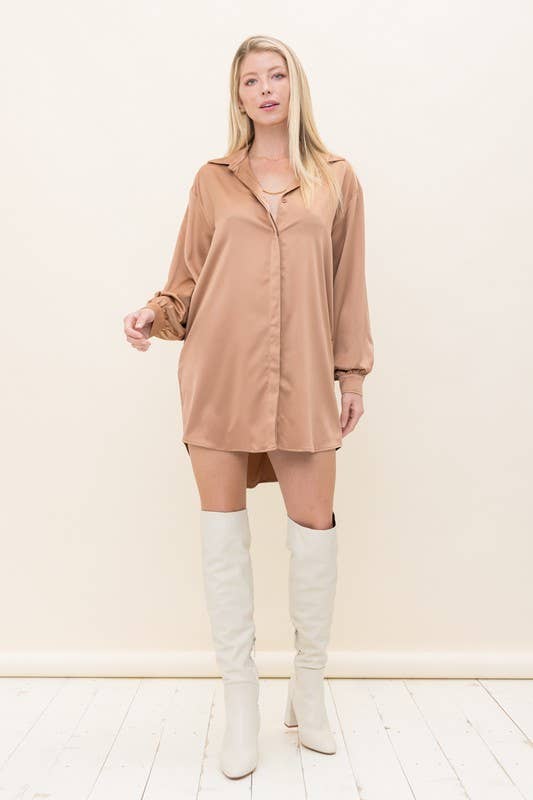 Solid Satin Shirt Dress